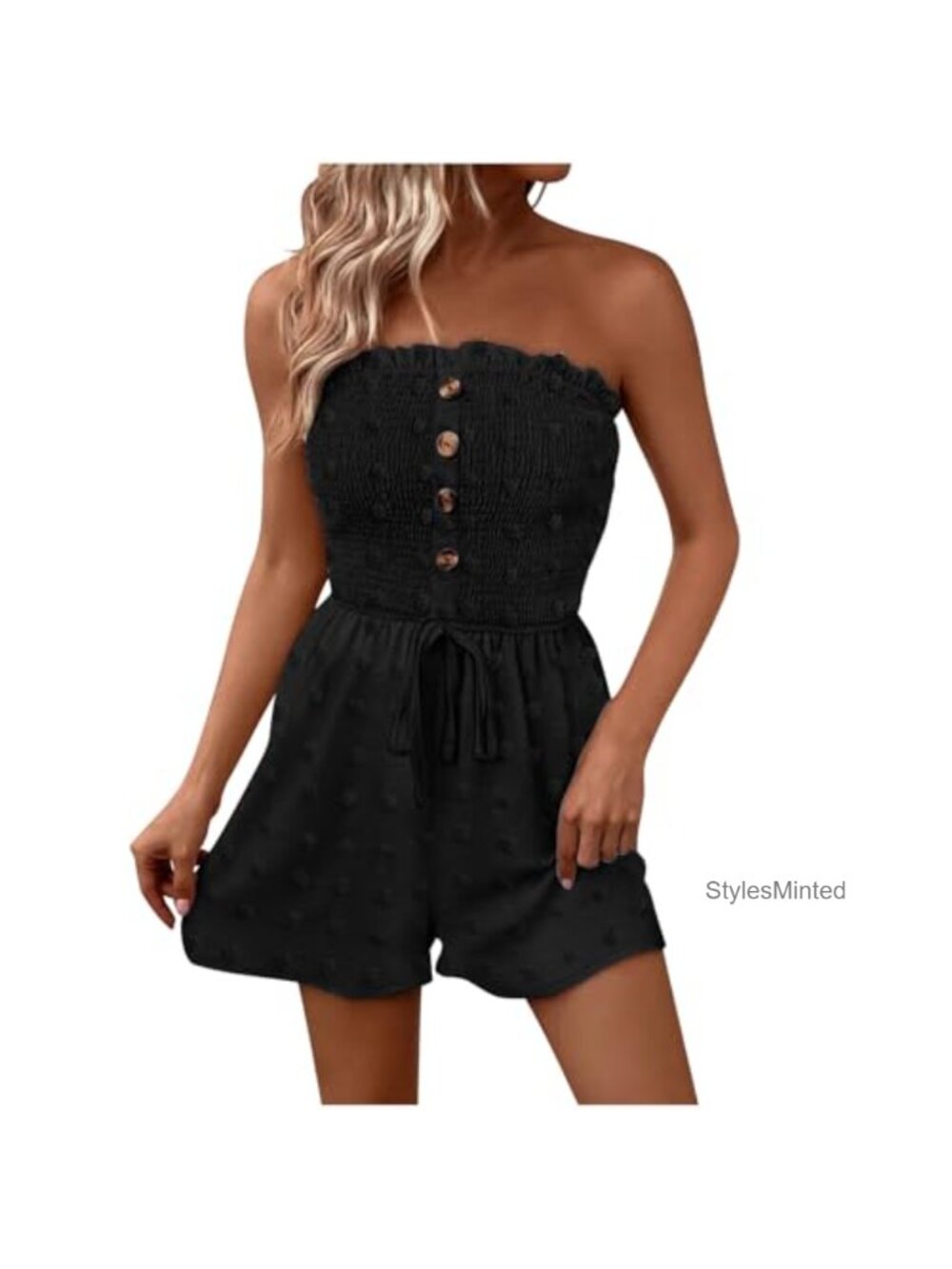 Womens Strapless Ruffle Ruched Jacquard Romper Short Jumpsuit